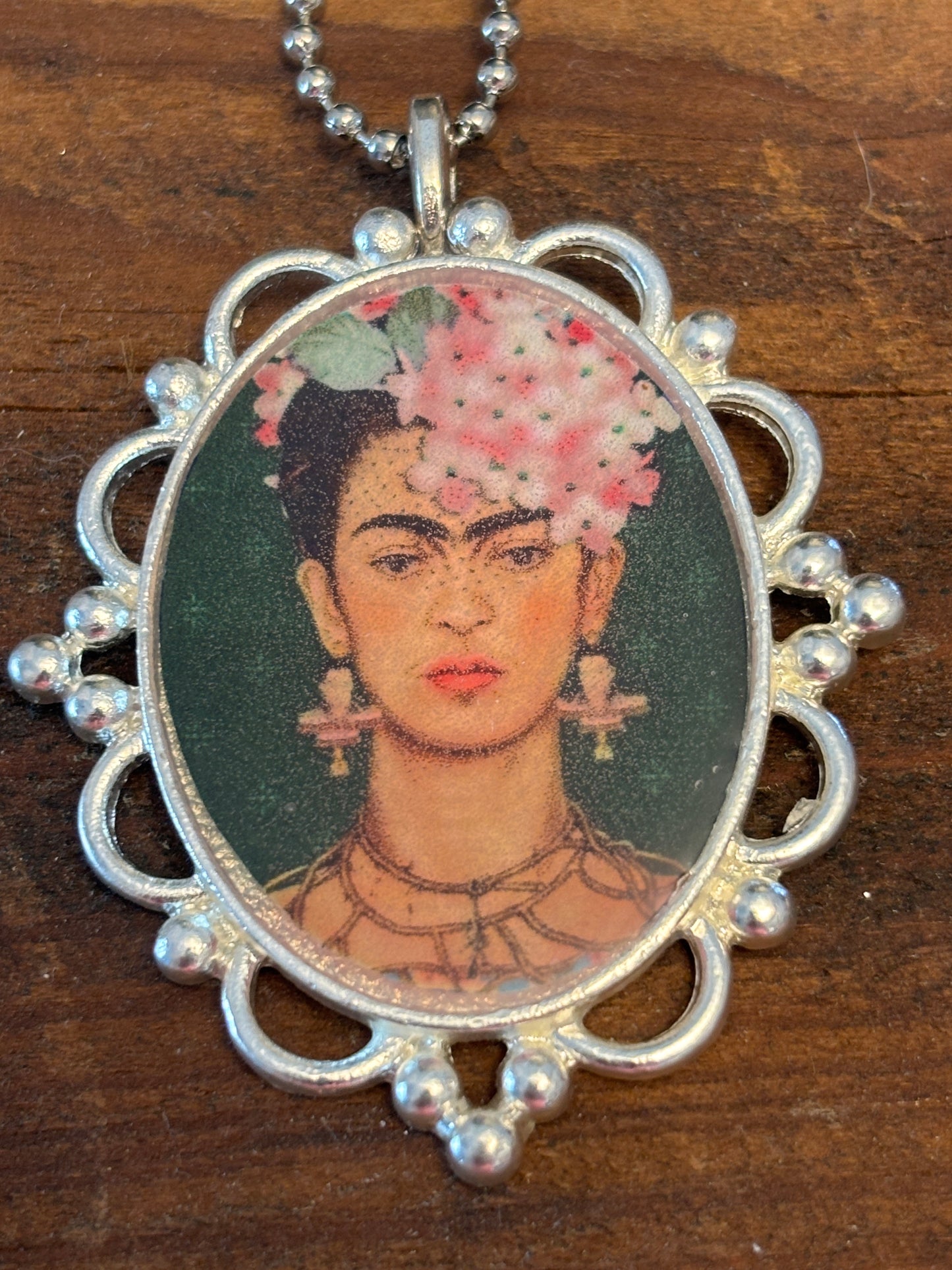 Mexican Artistic Bohemian Necklace, Silver Tone Ornate Frame, Ball Chain, 22"