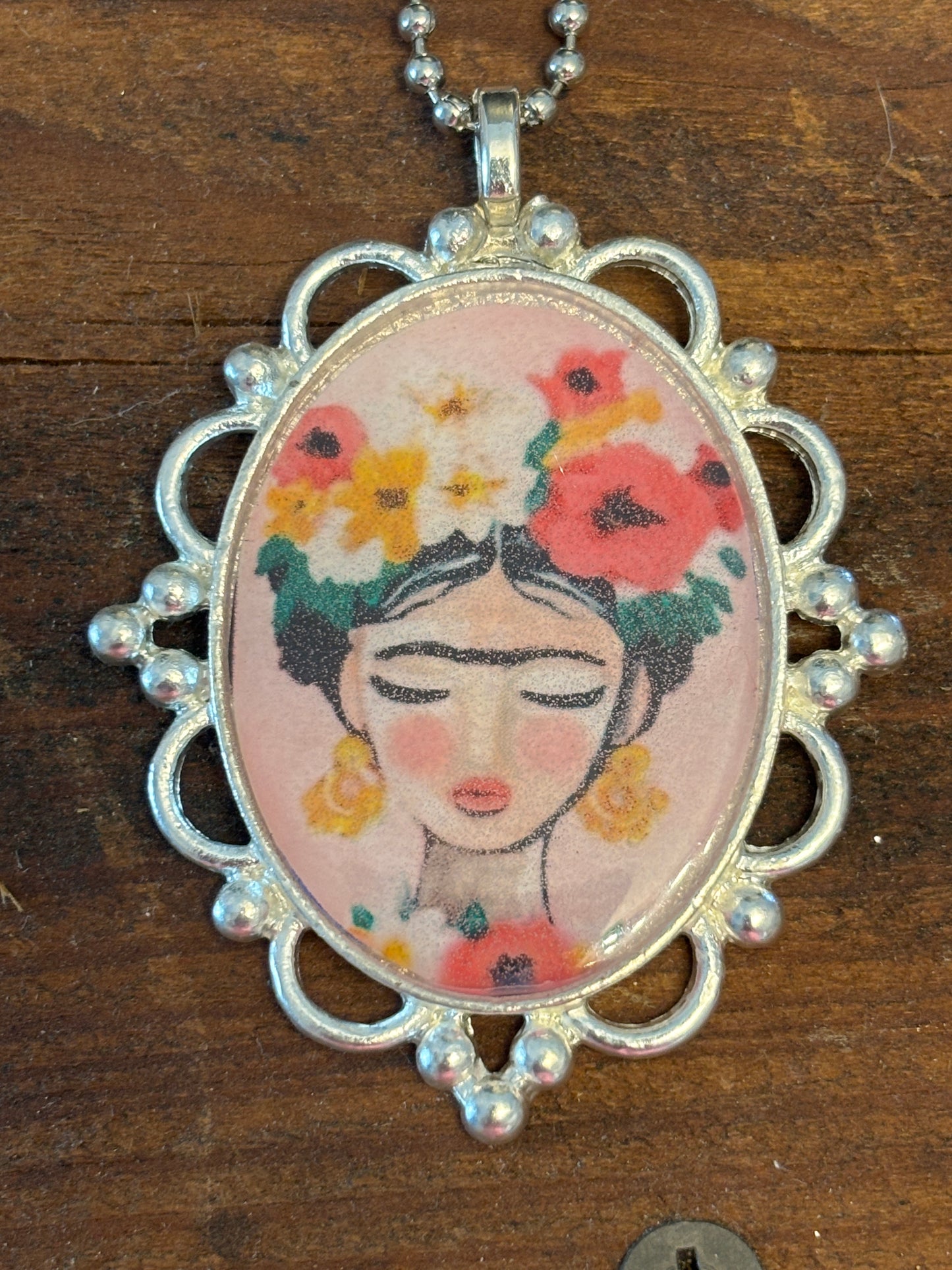 Mexican Artistic Pendant Necklace, Silver Ornate Frame, Hand Poured Resin