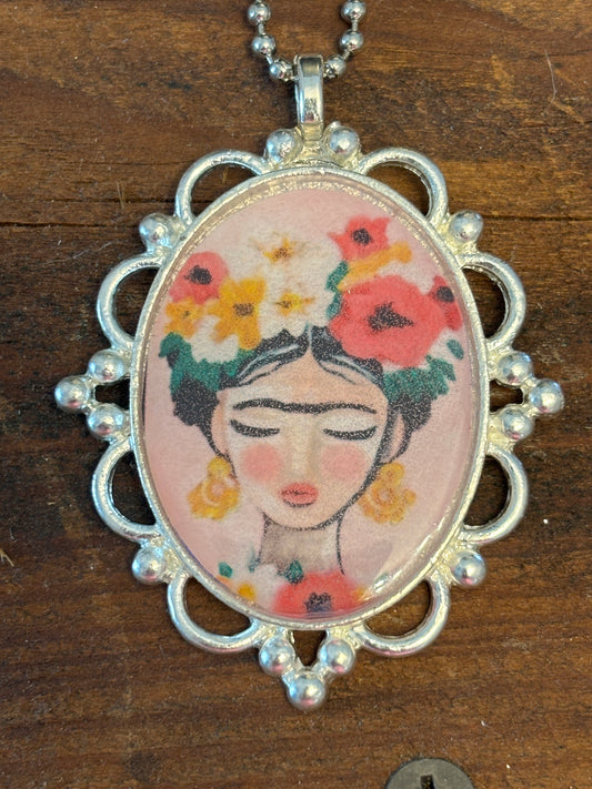 Mexican Artistic Pendant Necklace, Silver Ornate Frame, Hand Poured Resin