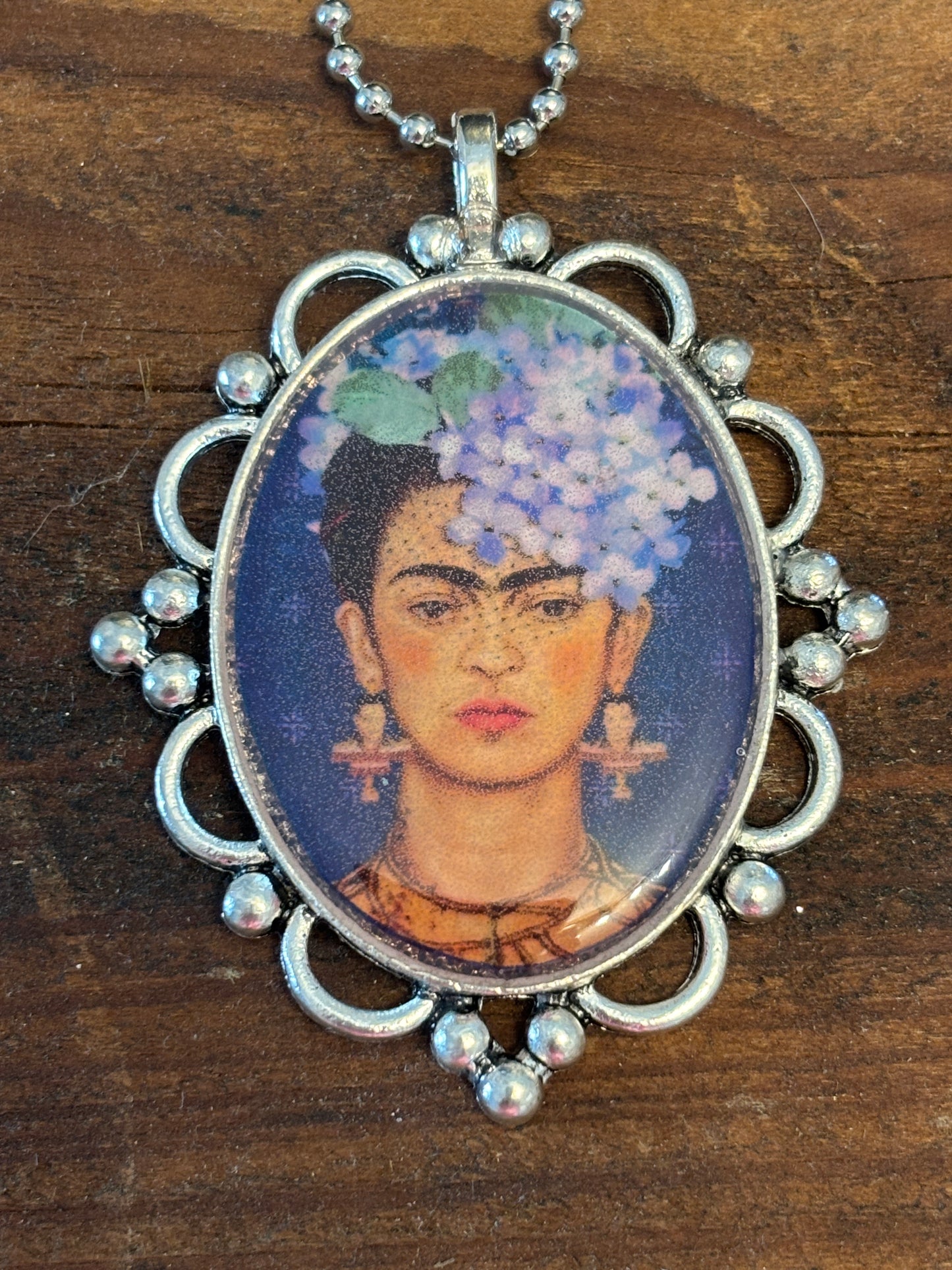 Mexican Art Inspired Pendant Necklace, Hand Poured Resin, Silver Ornate Frame 22" Long