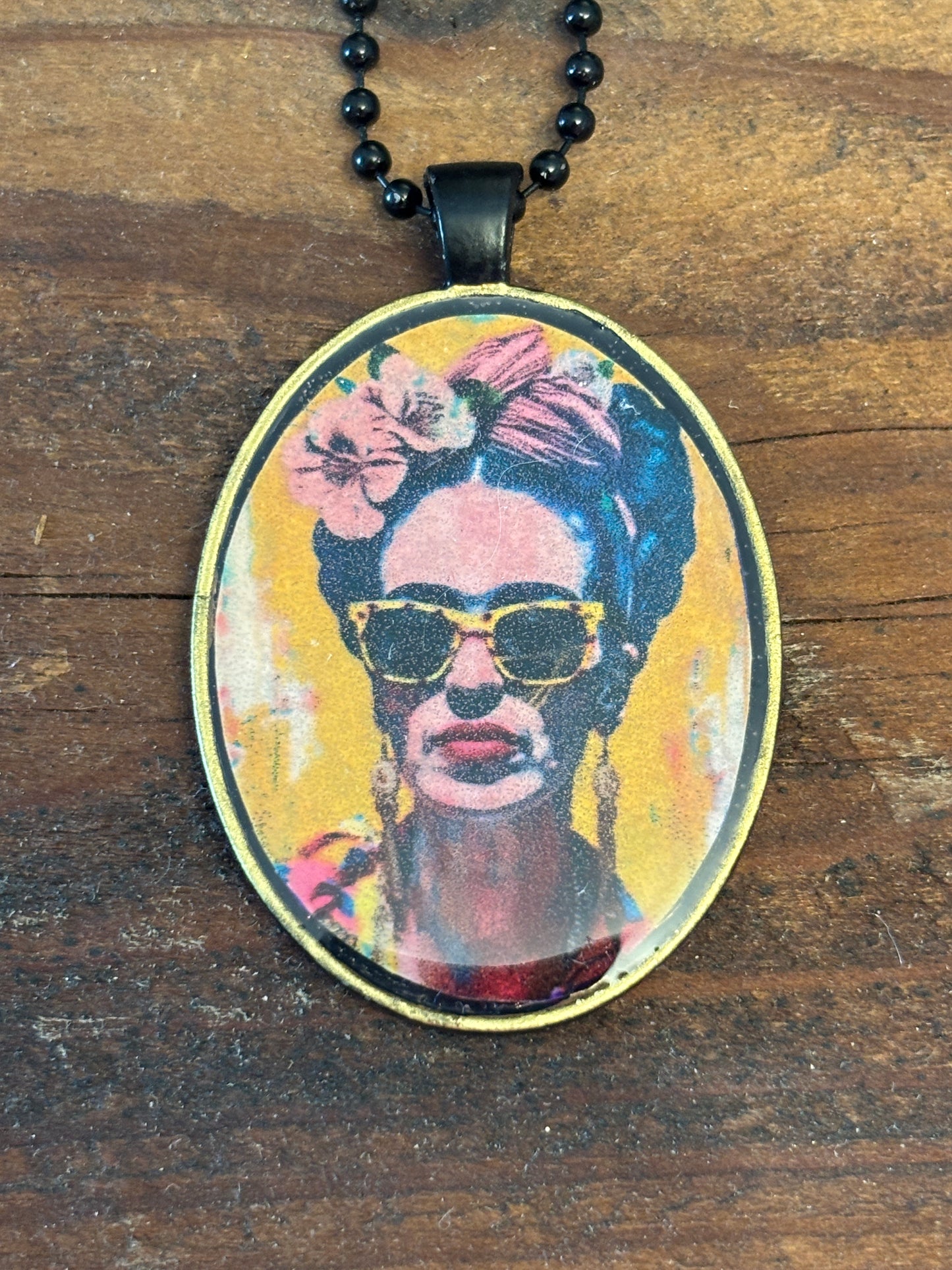 Cool Mexican Art Inspired Pendant Necklace, 22" Long, Vibrant Pinks and Yellows