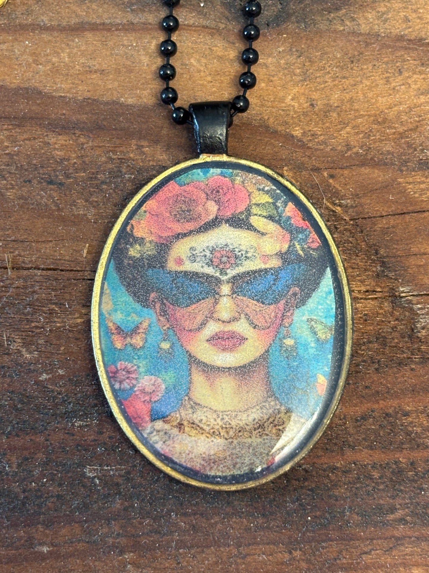 Beautiful Mexican Art Inspired Pendant Necklace, Black Ball Chain, Hand Poured Resin, Vibrant Florals and Butterfly