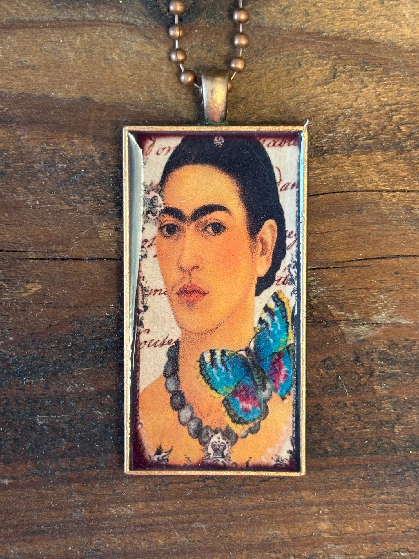 Mexican Art Inspired Necklace Pendant, 22" long, 2" x 1", Rustic Copper Tone Case