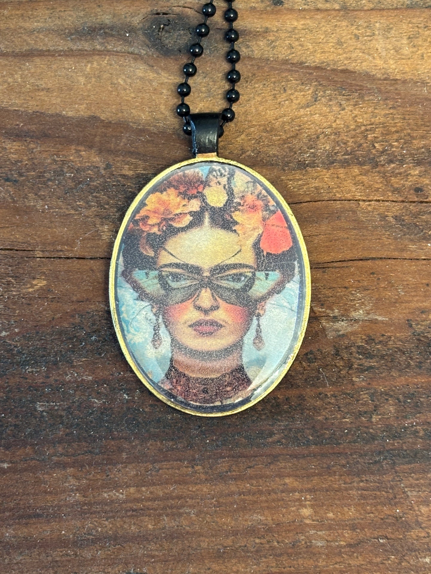Mexican Inspired Art, Vibrant Fall Colors, Pendant Necklace, Black Ball Chain, 22" long