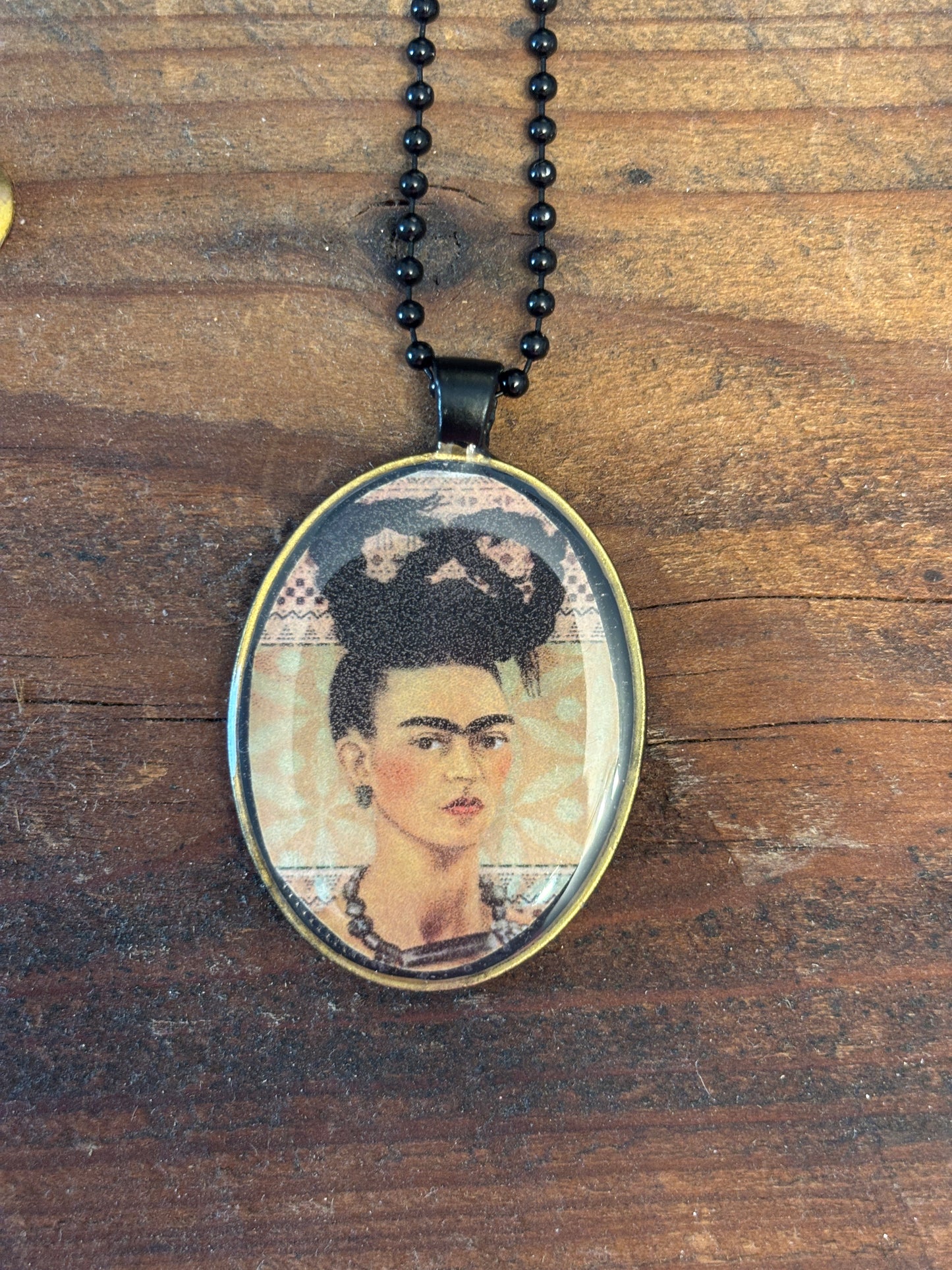 Mexican Art Pendant Necklace, 22" Long, Black Ball Chain, Hand Poured Resin