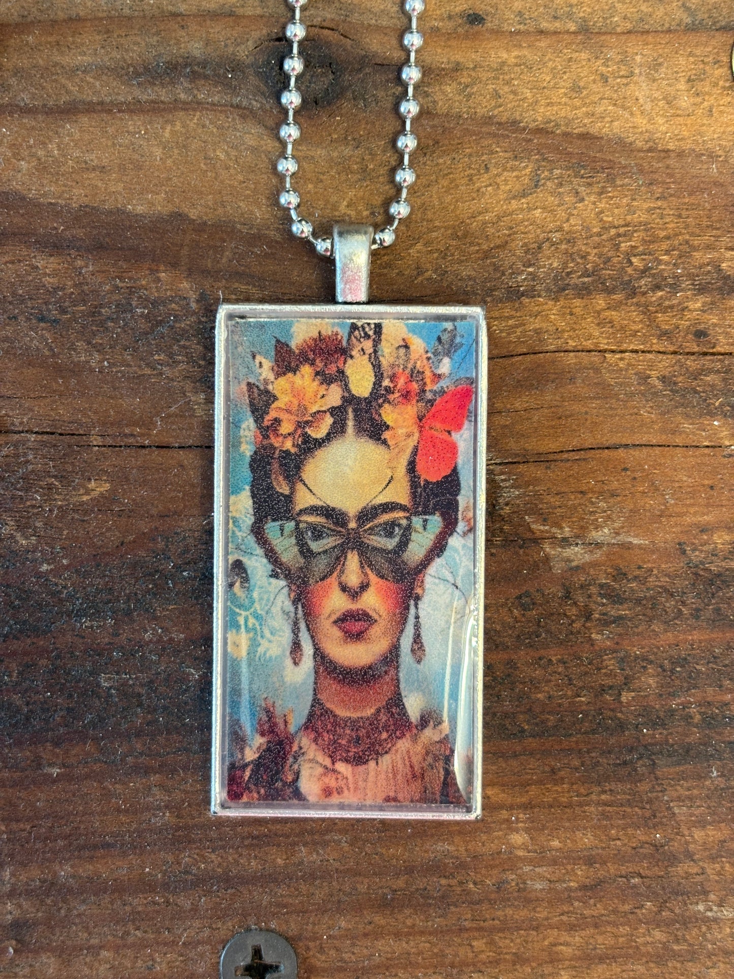 Mexican Art Inspired Handmade Necklace, Fall Colors, 22" long, 2" x 1" Pendant