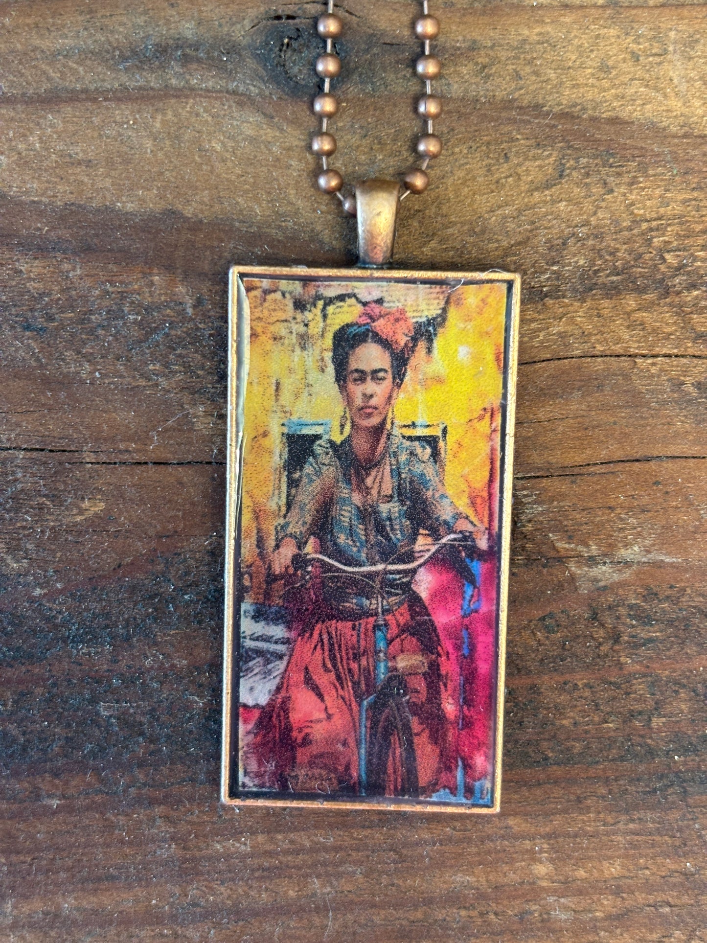 Beautiful Vibrant Mexican Art, Hand Poured Resin Pendant, 22" Copper Tone Ball Chain