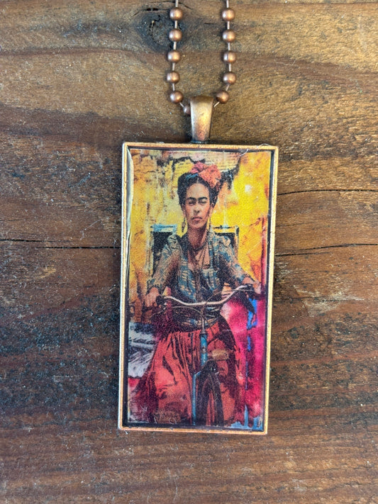 Beautiful Vibrant Mexican Art, Hand Poured Resin Pendant, 22" Copper Tone Ball Chain