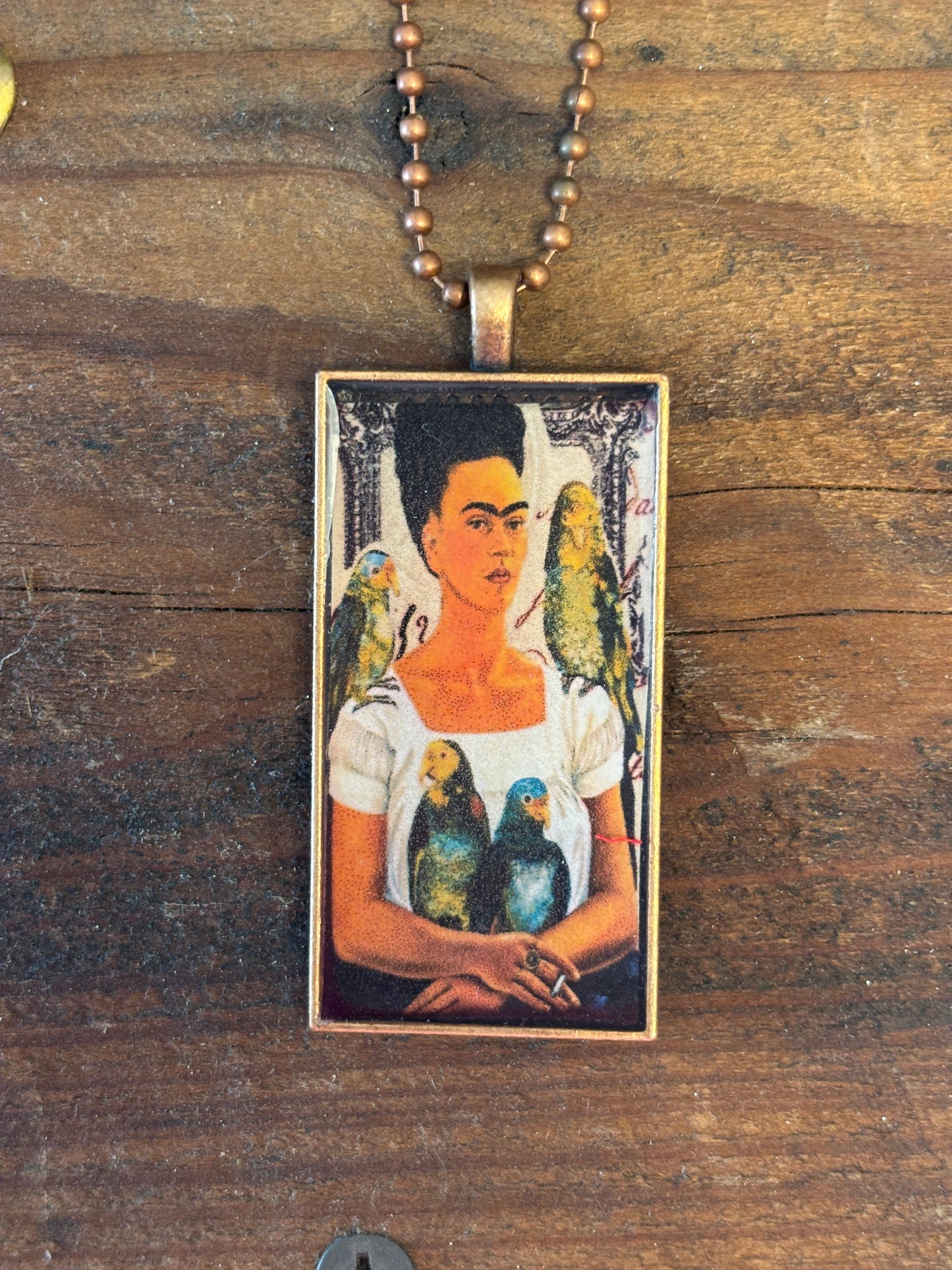 Mexican Art Pendant Necklace, 22" Long, Copper Tone Ball Chain, Hand Poured Resin