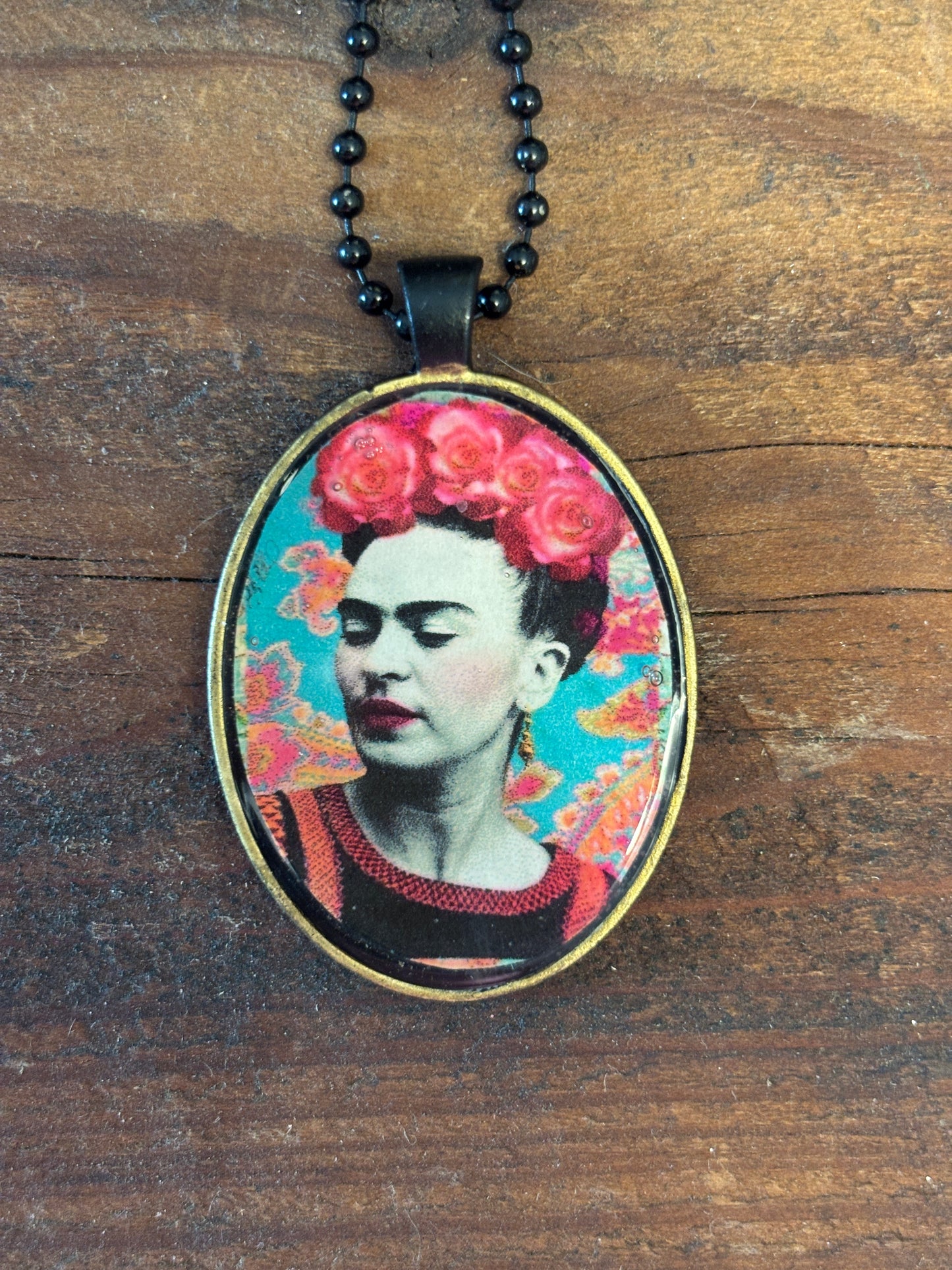 Mexican Art Pendant Necklace, 22" Long, Vibrant Pink and Turquoise, Black Ball Chain