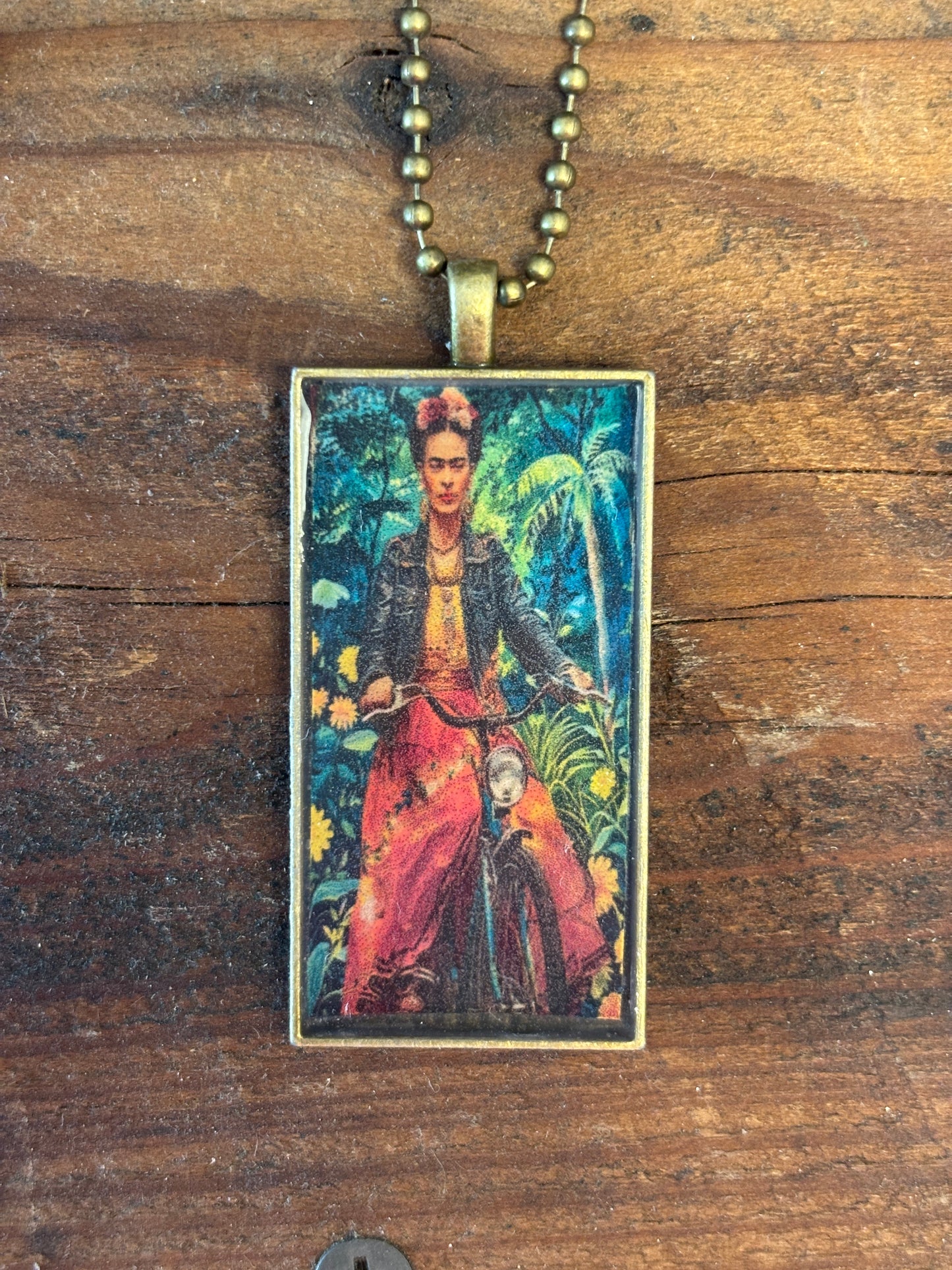 Mexican Art Pendant Necklace, Bronze Ball Chain, 22" long, 2" x 1" Pendant