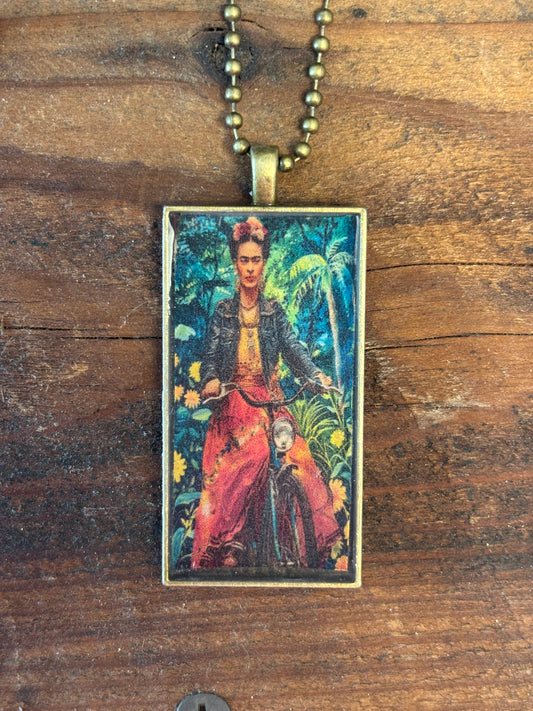 Mexican Art Pendant Necklace, Bronze Ball Chain, 22" long, 2" x 1" Pendant