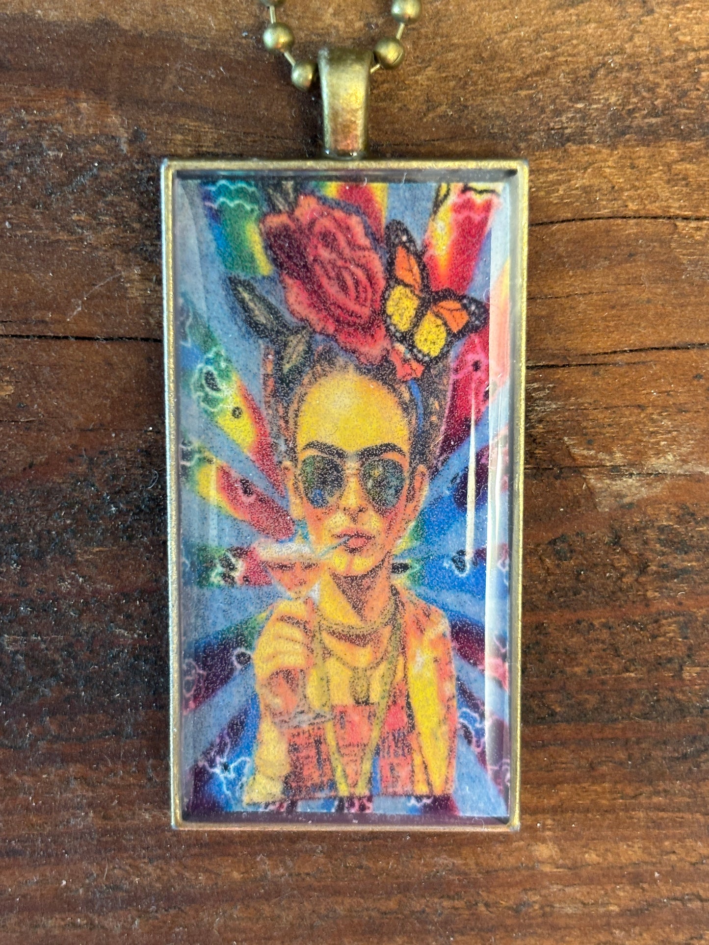 Mexican Art Pendant Necklace, Martini Time, Vibrant Colors, 22" Long, 2" x 1" Pendant, Bronze Tone