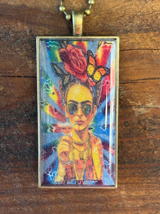 Mexican Art Pendant Necklace, Martini Time, Vibrant Colors, 22" Long, 2" x 1" Pendant, Bronze Tone