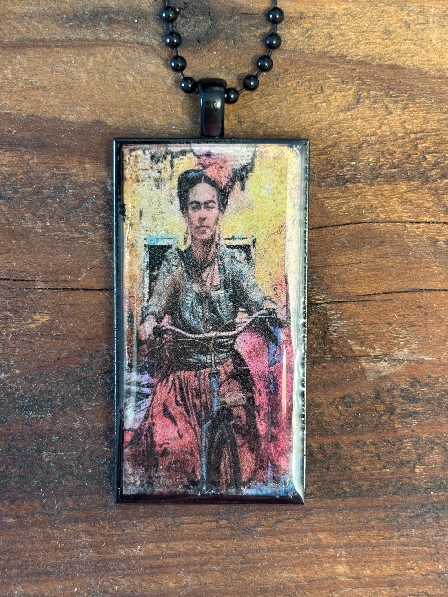 Mexican Artistic Pendant Necklace, Lady Riding a Bike, 22" Long
