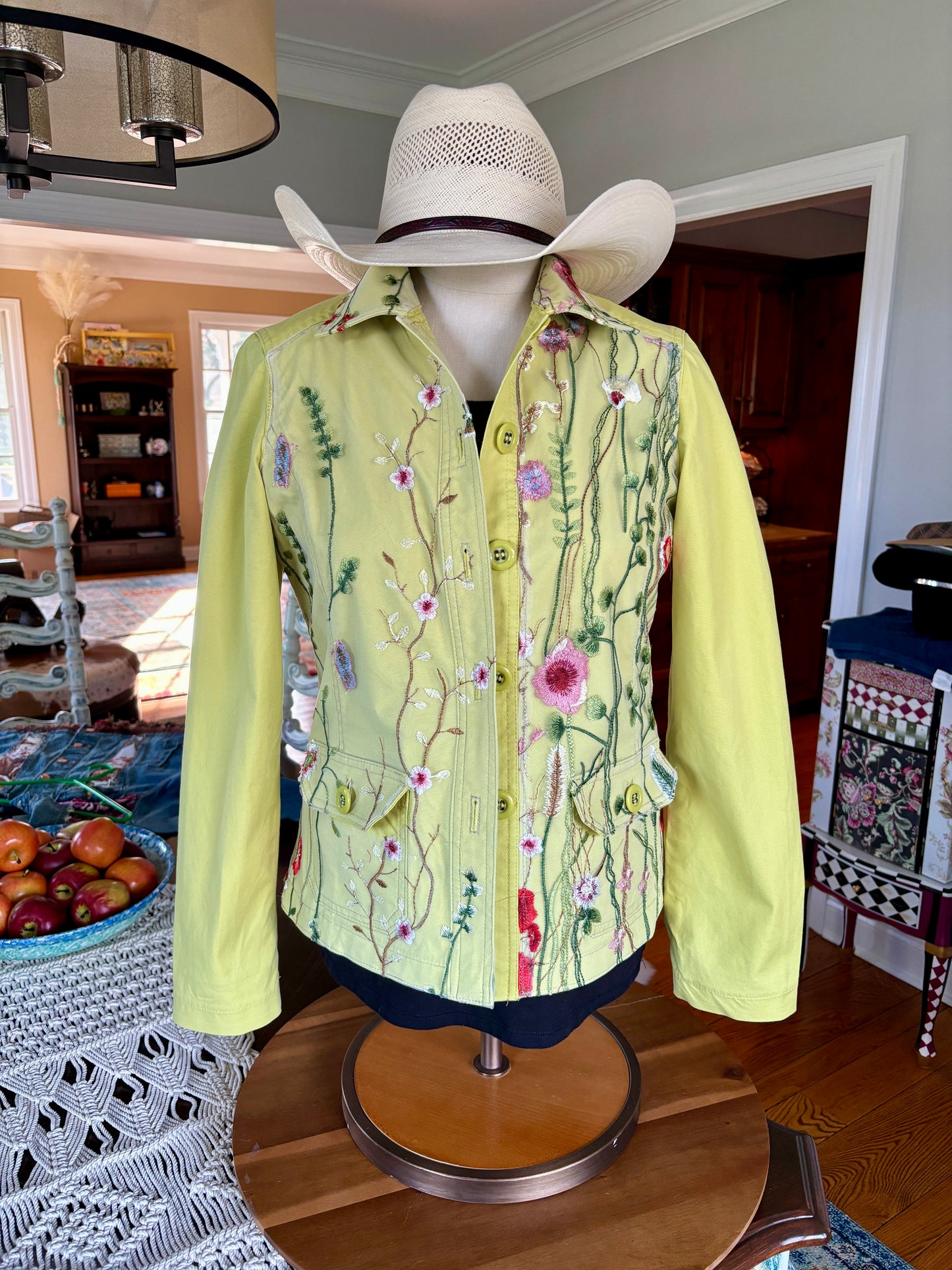 Up-Cycled, Liz Claiborne, Lime Green Denim Jacket, Floral, Toole, Appliques, Applique, Size 6