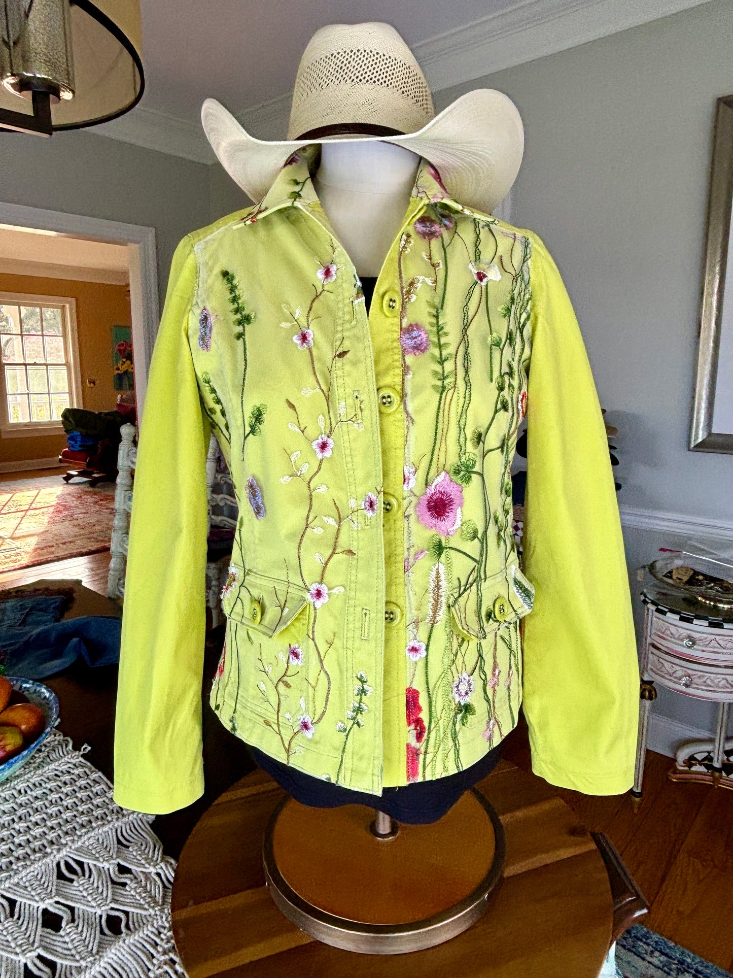 Up-Cycled, Liz Claiborne, Lime Green Denim Jacket, Floral, Toole, Appliques, Applique, Size 6