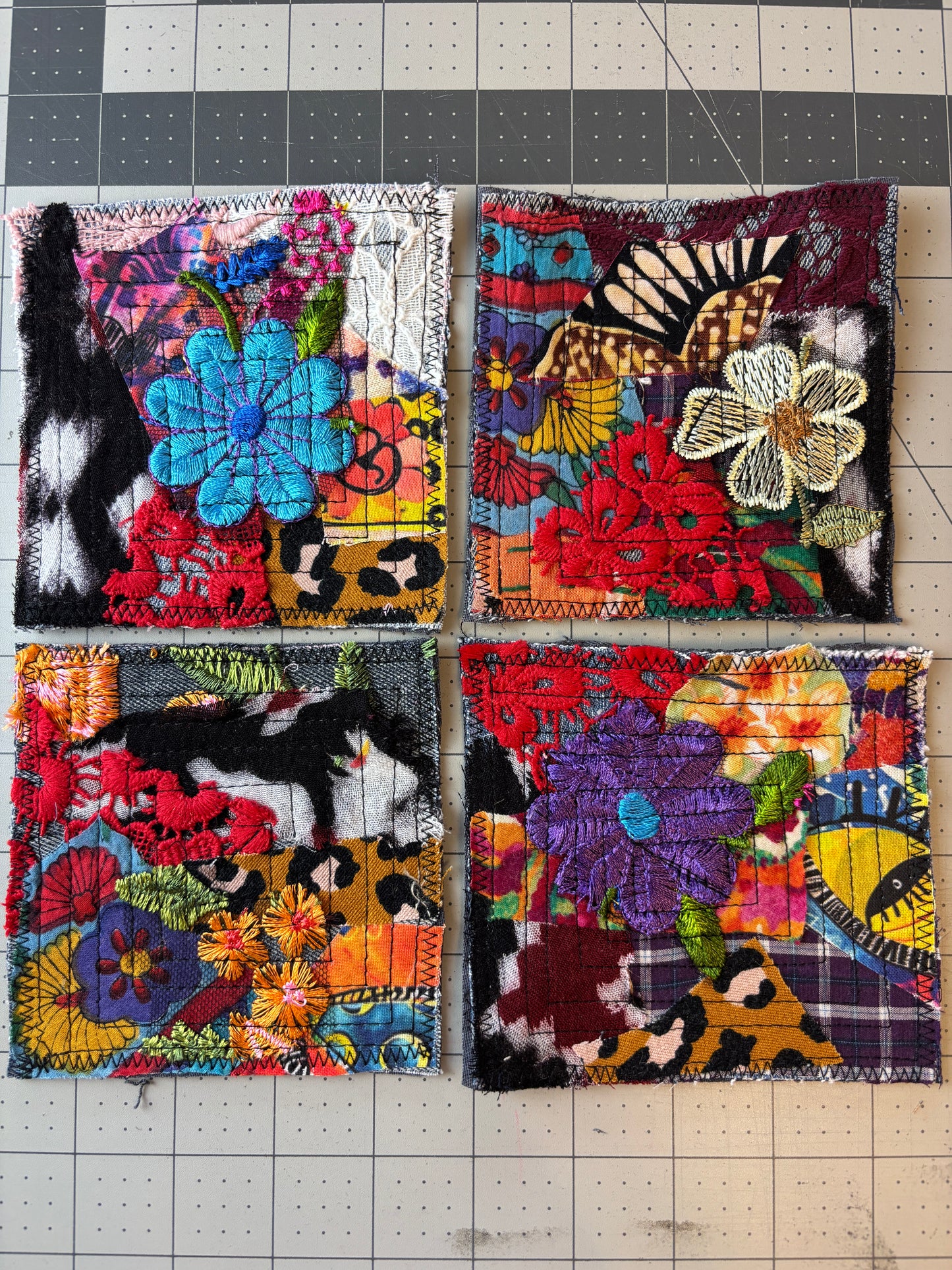 Scrappy Coasters, Denim Cheetah Print Bottoms, 4" x 4"
