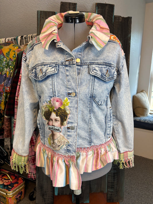 Life is a Circus, Redesigned Denim Jacket, Bohemian Patch Work, Colorful, Ruffles and Fringe, Size 44 Bust