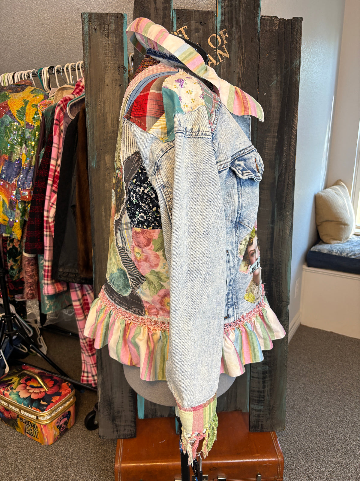 Life is a Circus, Redesigned Denim Jacket, Bohemian Patch Work, Colorful, Ruffles and Fringe, Size 44 Bust