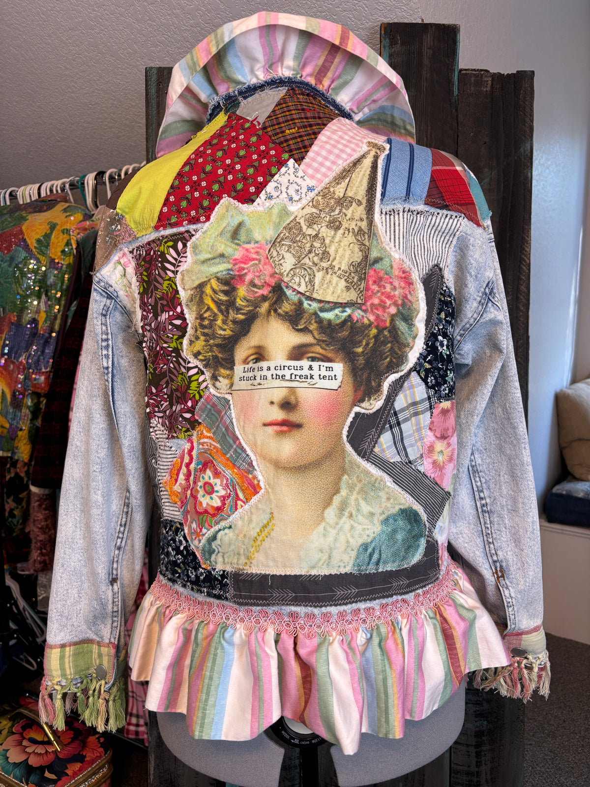 Life is a Circus, Redesigned Denim Jacket, Bohemian Patch Work, Colorful, Ruffles and Fringe, Size 44 Bust