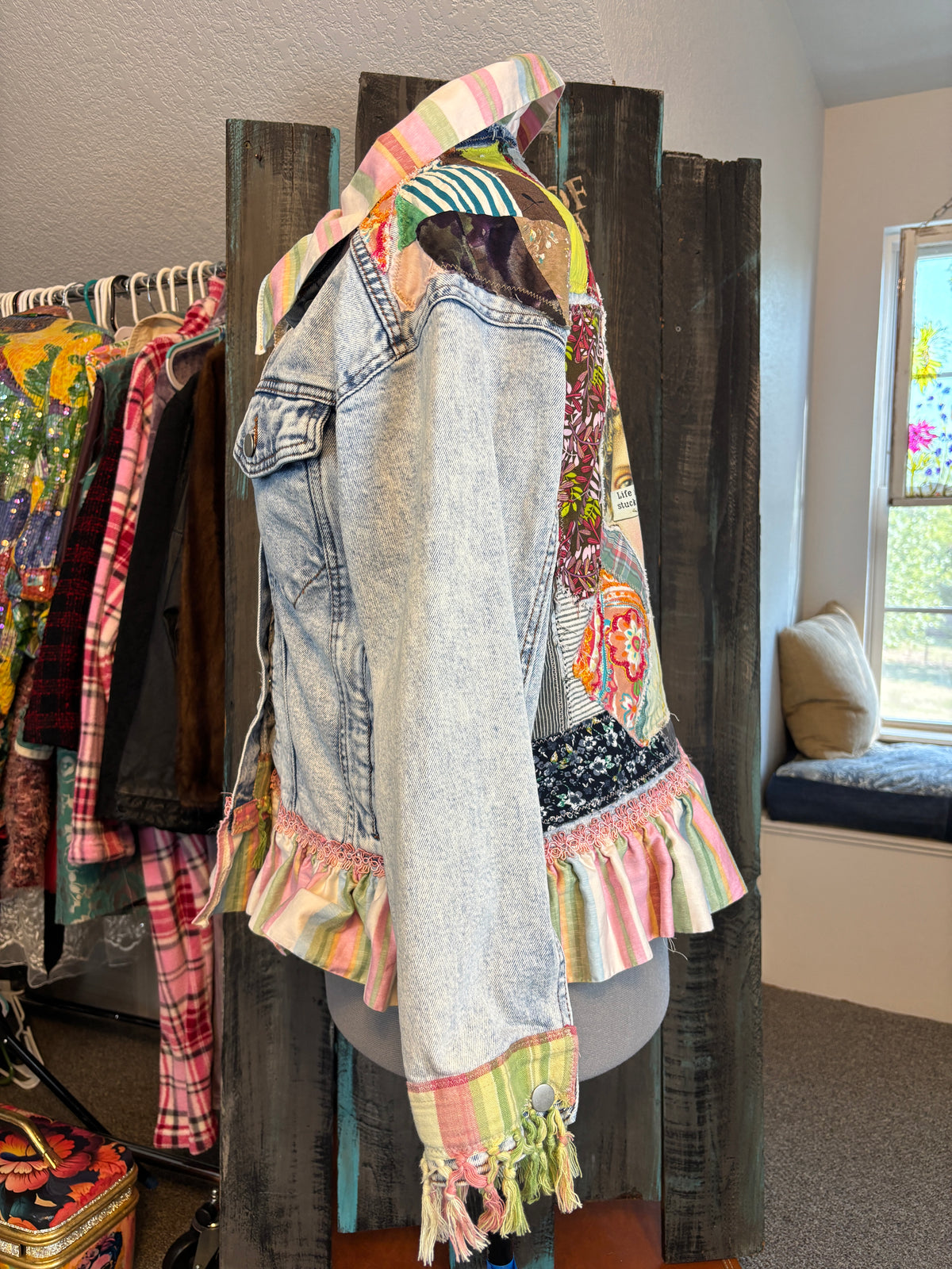 Life is a Circus, Redesigned Denim Jacket, Bohemian Patch Work, Colorful, Ruffles and Fringe, Size 44 Bust