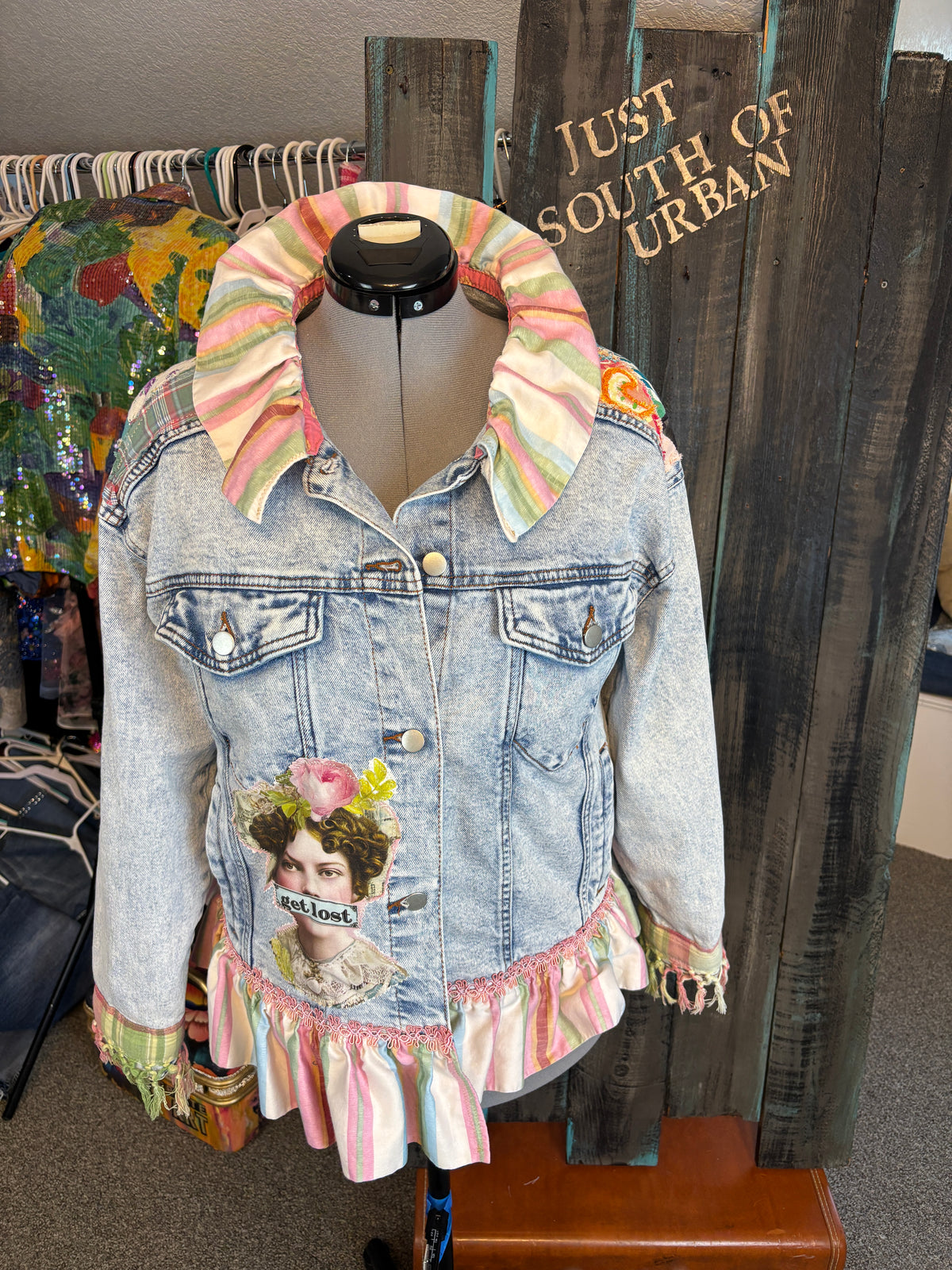 Life is a Circus, Redesigned Denim Jacket, Bohemian Patch Work, Colorful, Ruffles and Fringe, Size 44 Bust