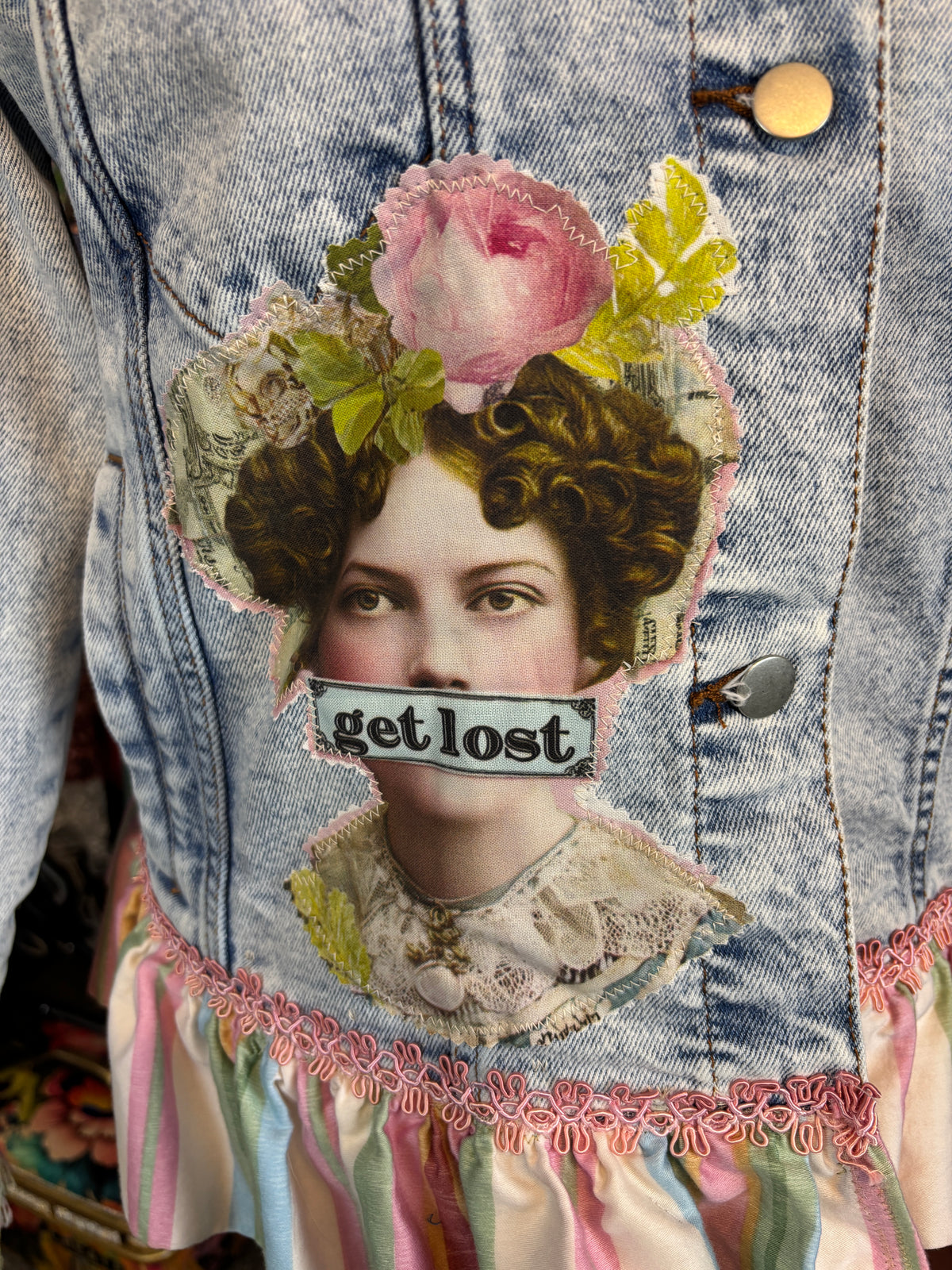 Life is a Circus, Redesigned Denim Jacket, Bohemian Patch Work, Colorful, Ruffles and Fringe, Size 44 Bust