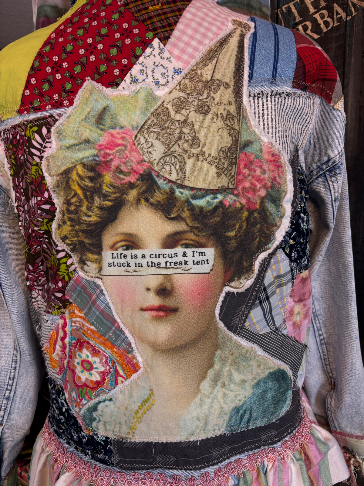 Life is a Circus, Redesigned Denim Jacket, Bohemian Patch Work, Colorful, Ruffles and Fringe, Size 44 Bust