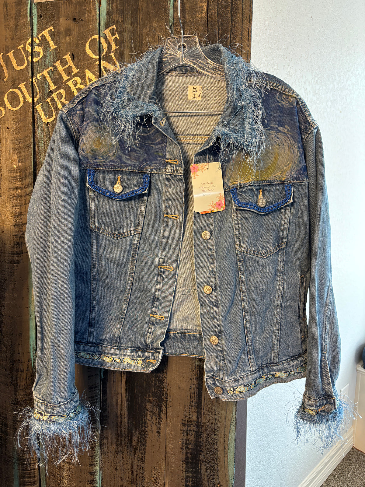 Up-Cycled Denim Jacket with Frida Van GoGo with Eyelash and Jacquard Trim, Size 44 Bust