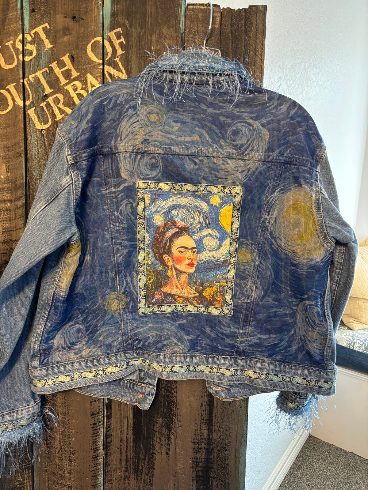 Up-Cycled Denim Jacket with Frida Van GoGo with Eyelash and Jacquard Trim, Size 44 Bust