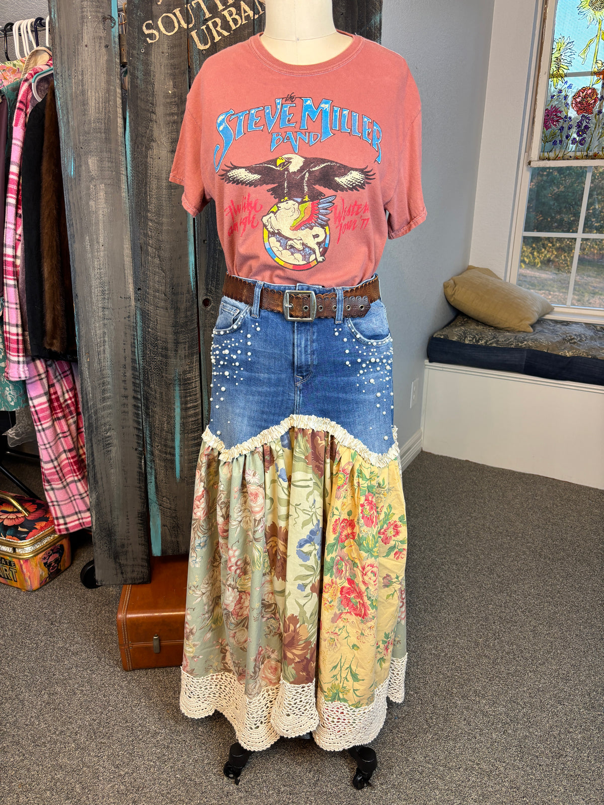 Up-Cycled Denim Pants, Boho Floral, Crochet and Pearl Maxi Skirt, Waist 29-30, Length 36"
