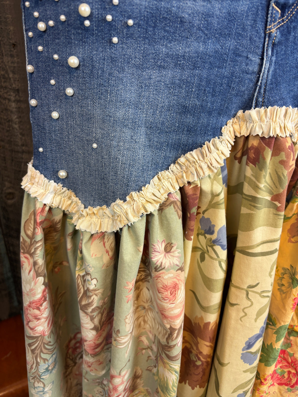 Up-Cycled Denim Pants, Boho Floral, Crochet and Pearl Maxi Skirt, Waist 29-30, Length 36"
