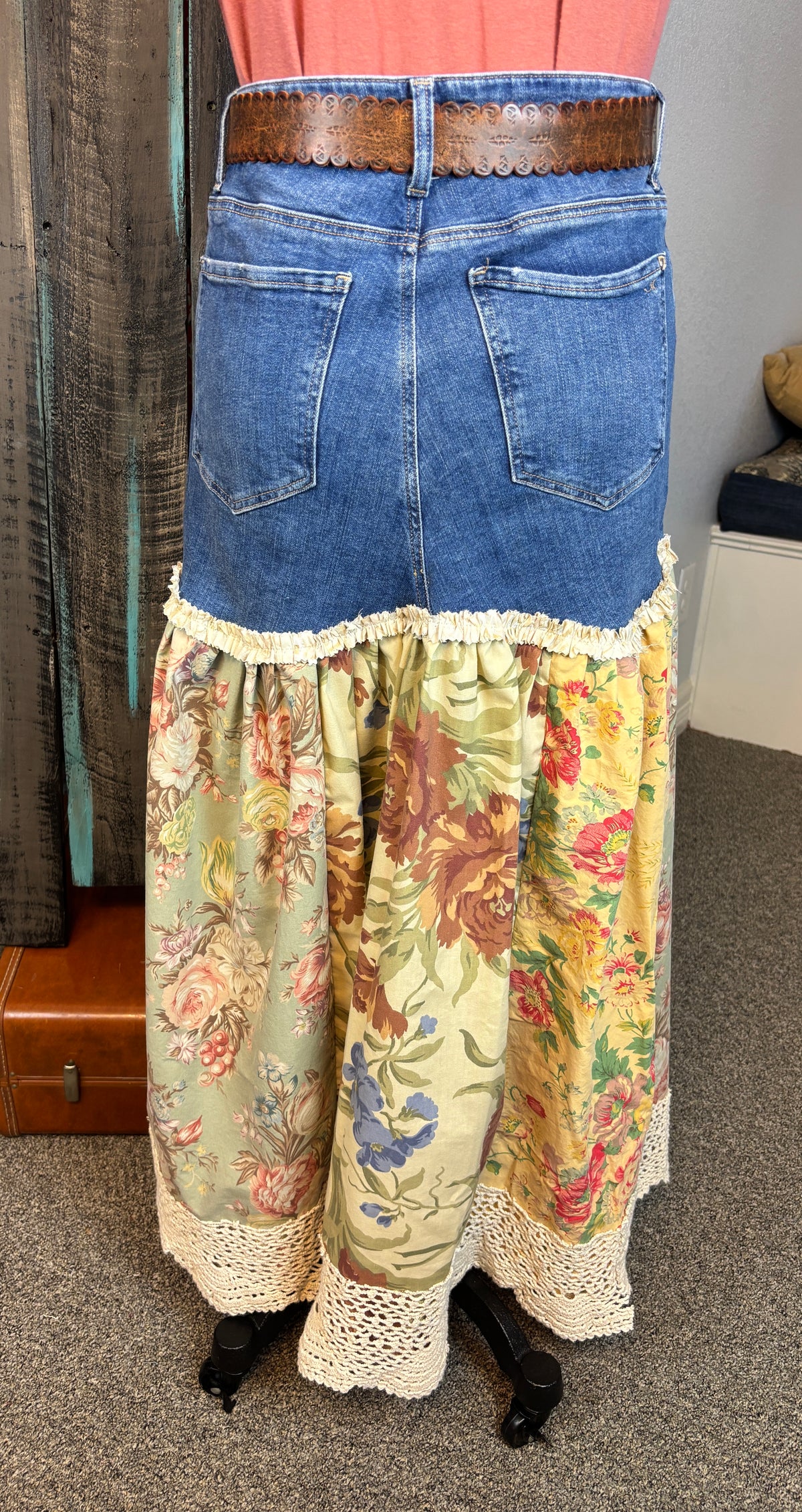 Up-Cycled Denim Pants, Boho Floral, Crochet and Pearl Maxi Skirt, Waist 29-30, Length 36"