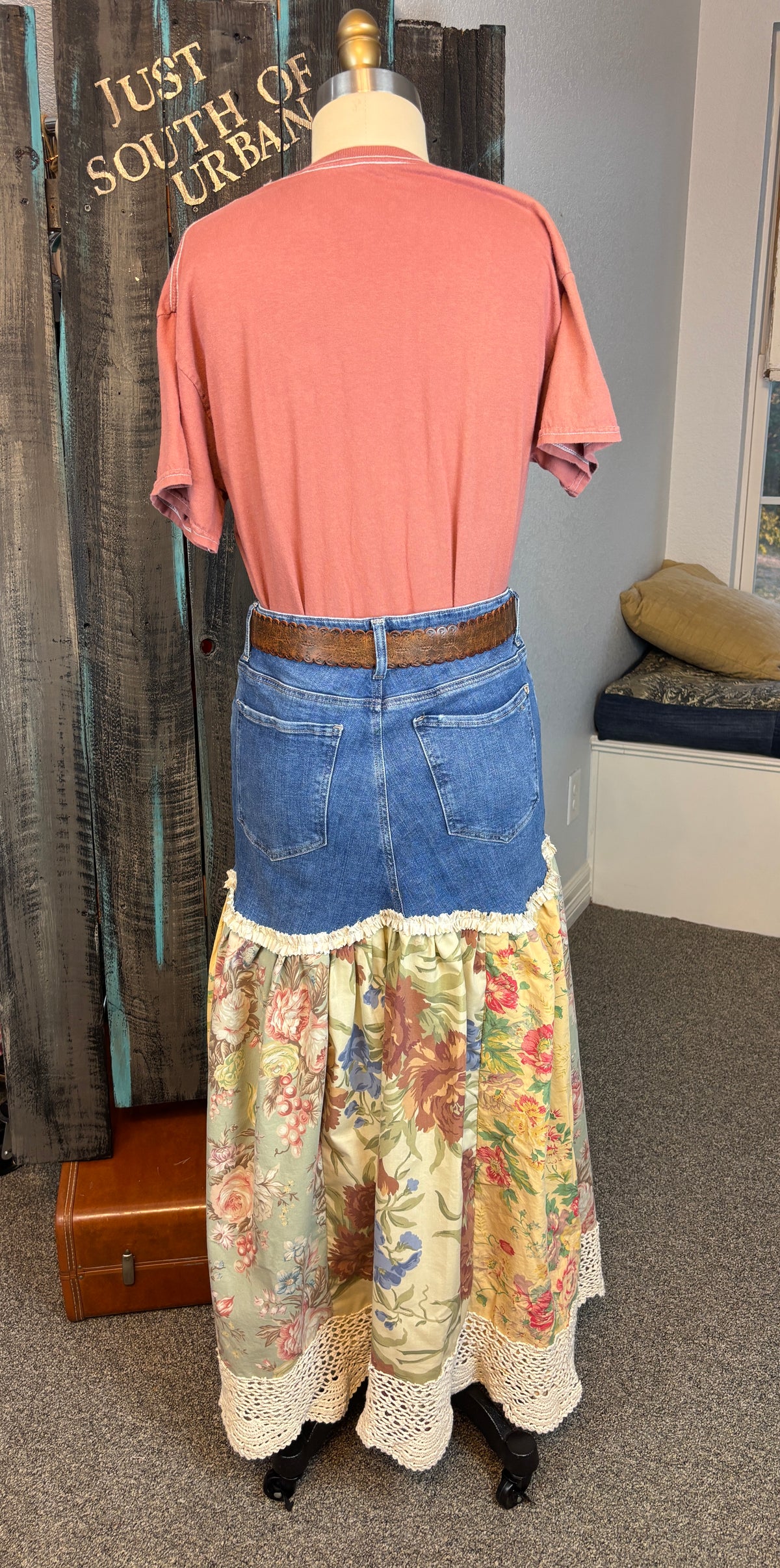 Up-Cycled Denim Pants, Boho Floral, Crochet and Pearl Maxi Skirt, Waist 29-30, Length 36"