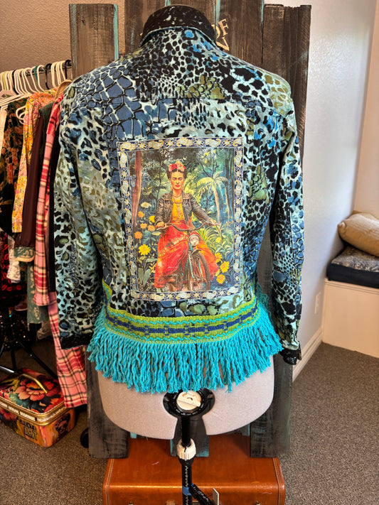Blue, Green and Black Cheetah Print Denim Jacket with Frida Print Applique' and Turquoise Fringe, Size 44 Bust