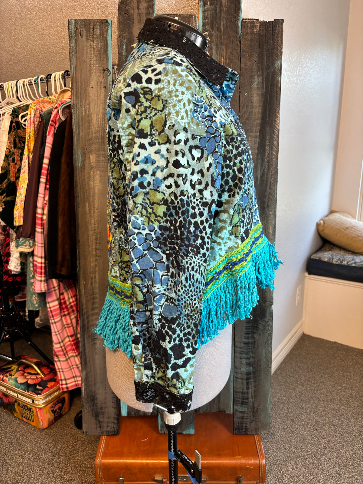 Blue, Green and Black Cheetah Print Denim Jacket with Frida Print Applique' and Turquoise Fringe, Size 44 Bust