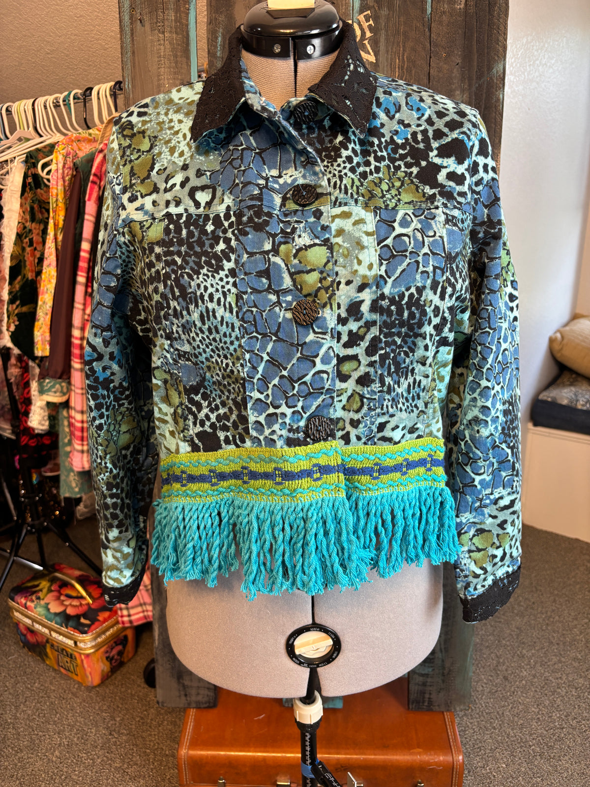 Blue, Green and Black Cheetah Print Denim Jacket with Frida Print Applique' and Turquoise Fringe, Size 44 Bust