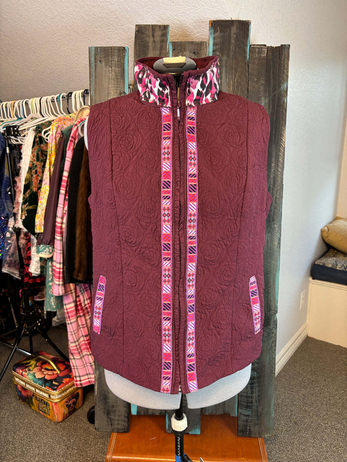 Fall Vest, Burgundy Quilted Rose, Fun Frida Print "I Paint My Own Reality", Size 44" Bust, XL-XXL