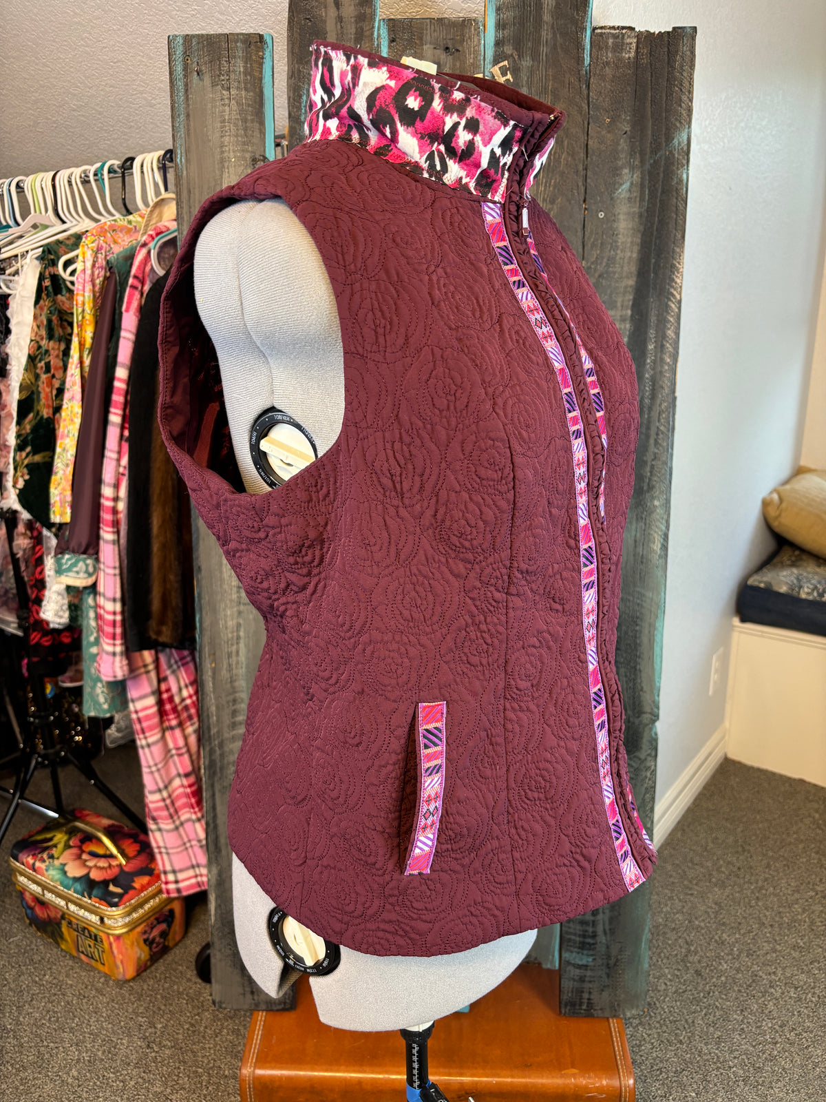 Fall Vest, Burgundy Quilted Rose, Fun Frida Print "I Paint My Own Reality", Size 44" Bust, XL-XXL