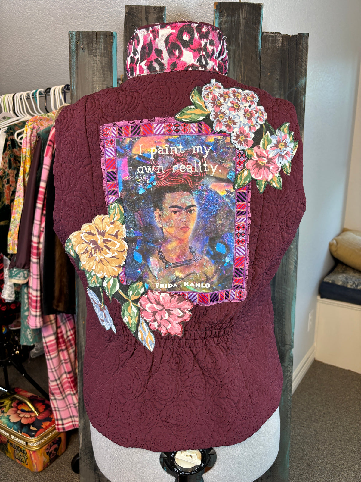 Fall Vest, Burgundy Quilted Rose, Fun Frida Print "I Paint My Own Reality", Size 44" Bust, XL-XXL