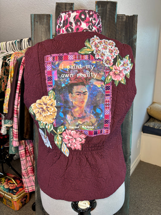 Fall Vest, Burgundy Quilted Rose, Fun Frida Print "I Paint My Own Reality", Size 44" Bust, XL-XXL