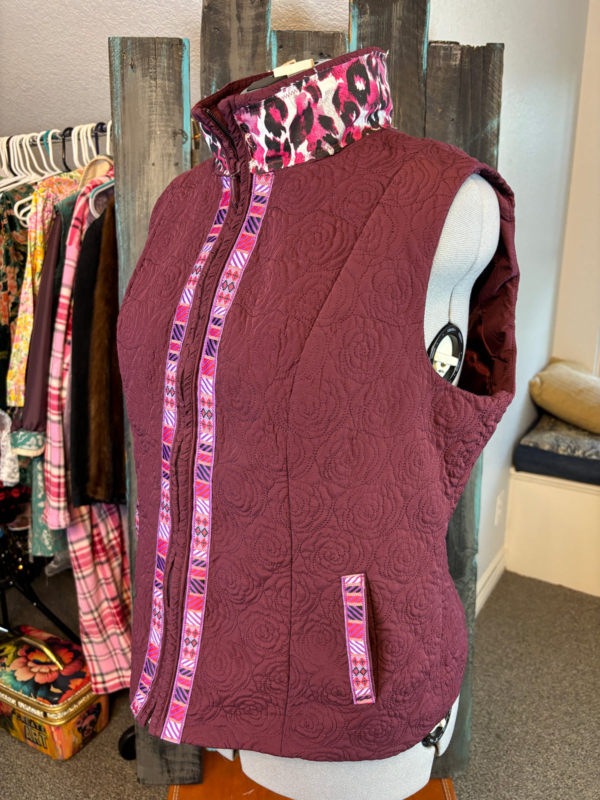 Fall Vest, Burgundy Quilted Rose, Fun Frida Print "I Paint My Own Reality", Size 44" Bust, XL-XXL