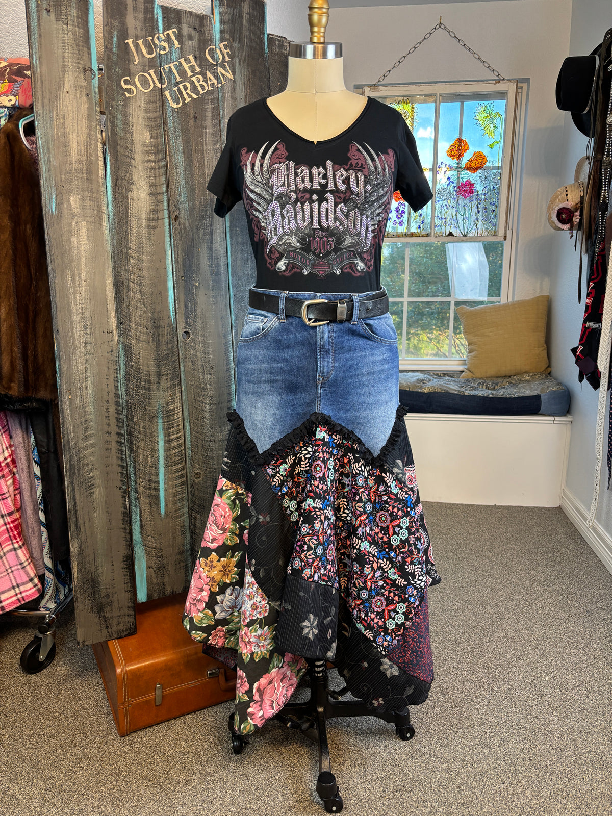 Boho Gypsy Style Skirt, Up-Cycled Denim Jeans, 32 W, 38" Hips (Size Medium)