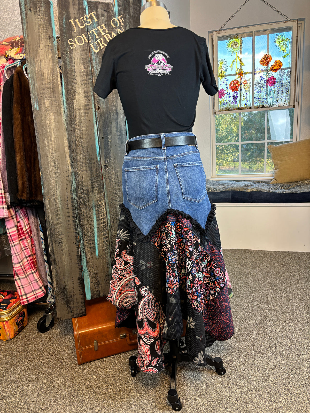Boho Gypsy Style Skirt, Up-Cycled Denim Jeans, 32 W, 38" Hips (Size Medium)