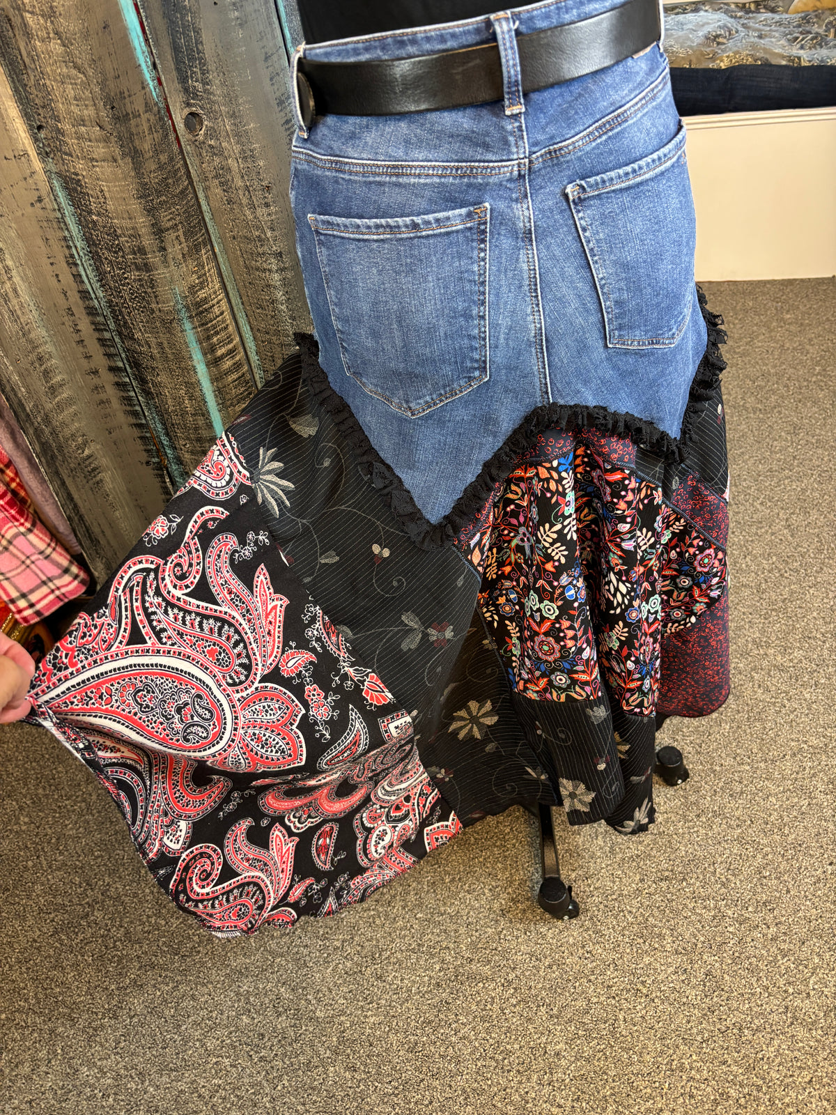 Boho Gypsy Style Skirt, Up-Cycled Denim Jeans, 32 W, 38" Hips (Size Medium)