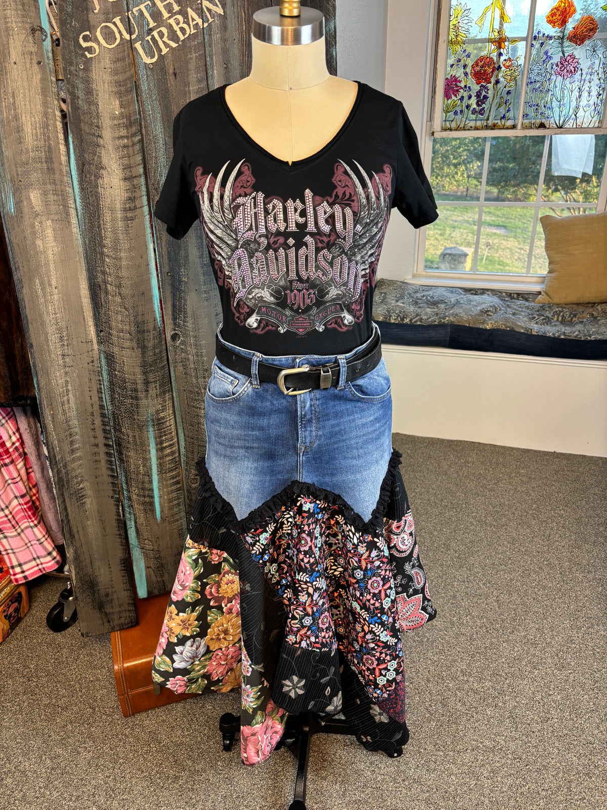 Boho Gypsy Style Skirt, Up-Cycled Denim Jeans, 32 W, 38" Hips (Size Medium)
