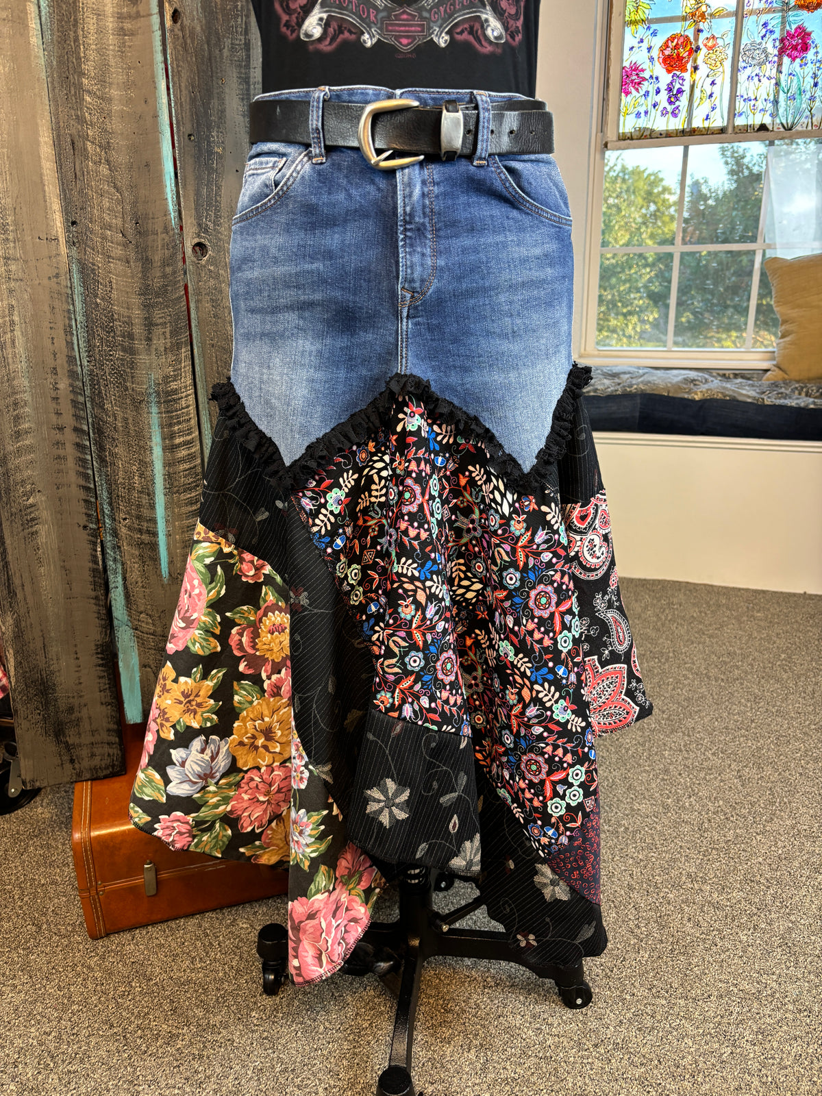 Boho Gypsy Style Skirt, Up-Cycled Denim Jeans, 32 W, 38" Hips (Size Medium)