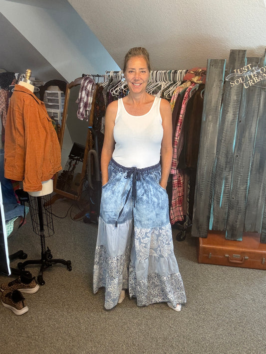 Palazzo Pants, Up-Cycled Denim Pants, Drawstring Waist Fits Size M-XL (33-42)