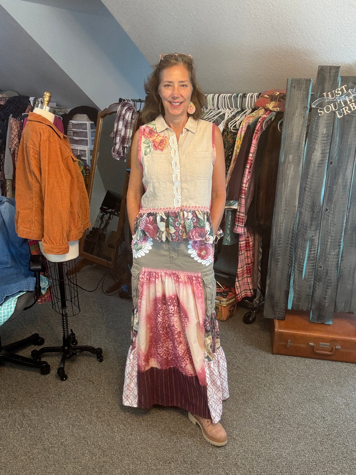 Up-Cycled Men's Cargo Shorts to Bohemian Floral Skirt and Matching Linen Top